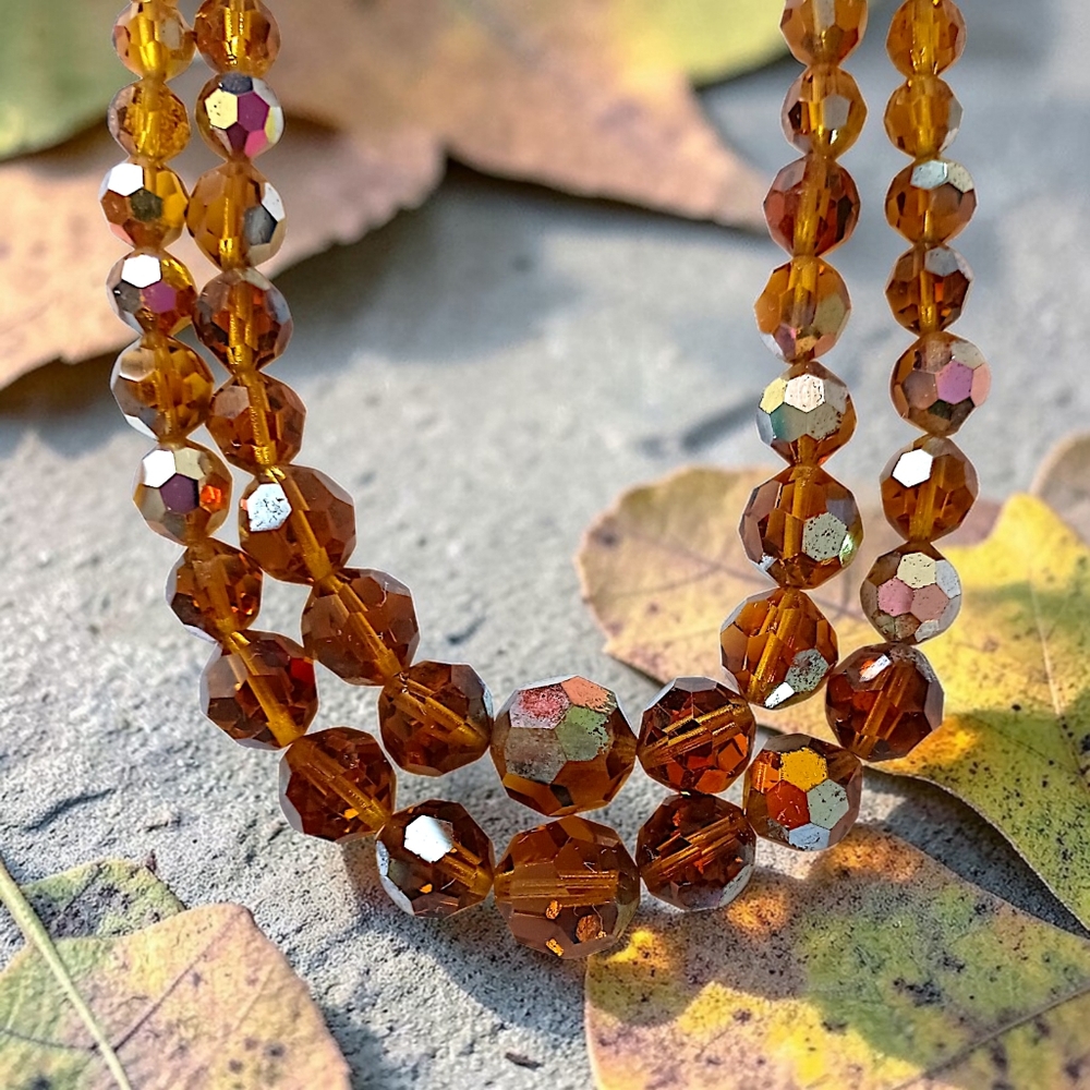 Vtg Valjean Crystal‎ Bead Necklace Multi Strand Amber Aurora Borealis Graduated
